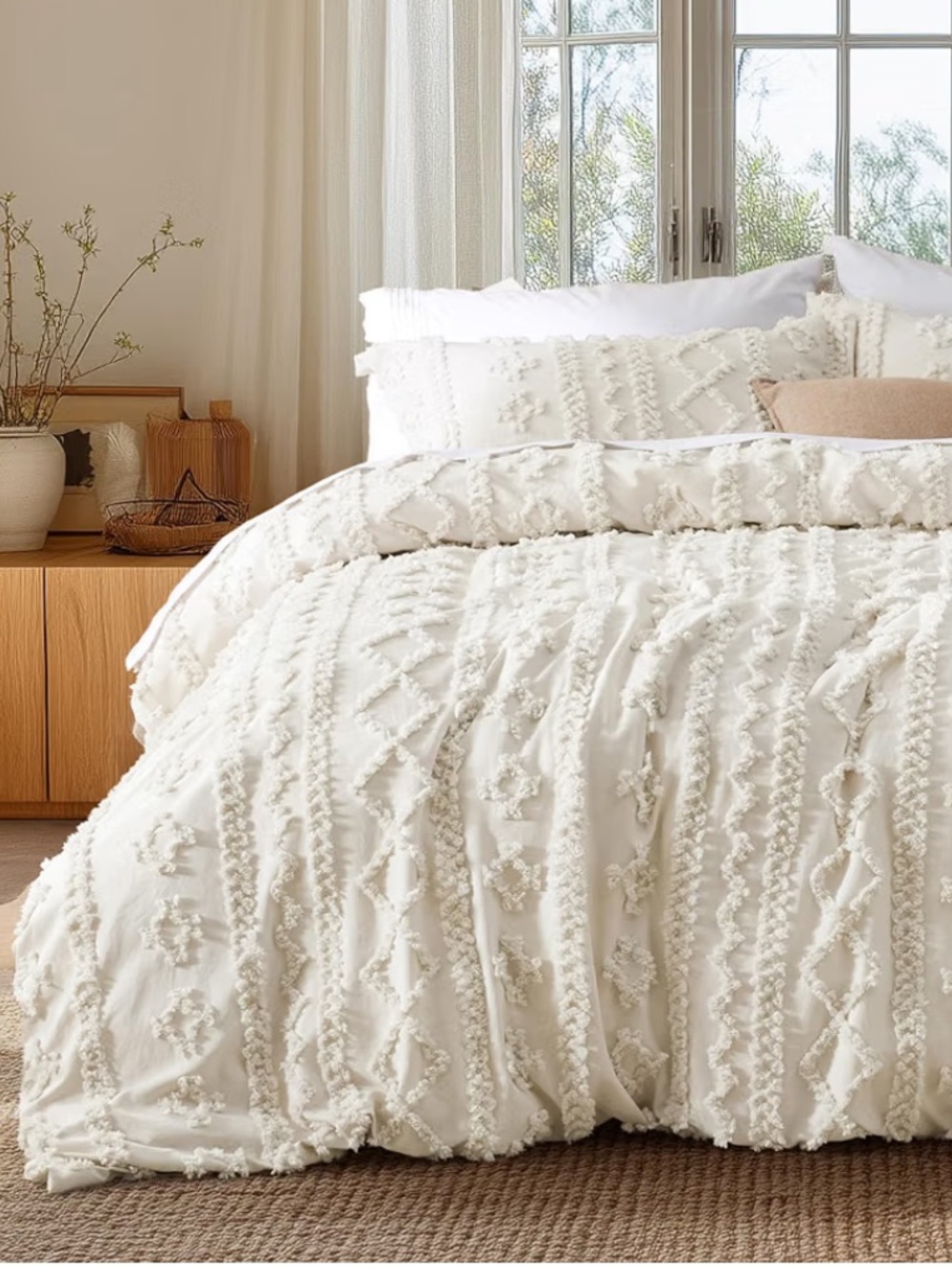 Queen 90x90 tufted boho 3-piece duvet cover & shams set